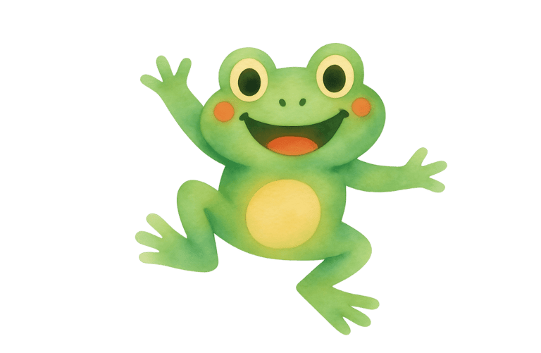 Frodo the frog is jumping for joy.