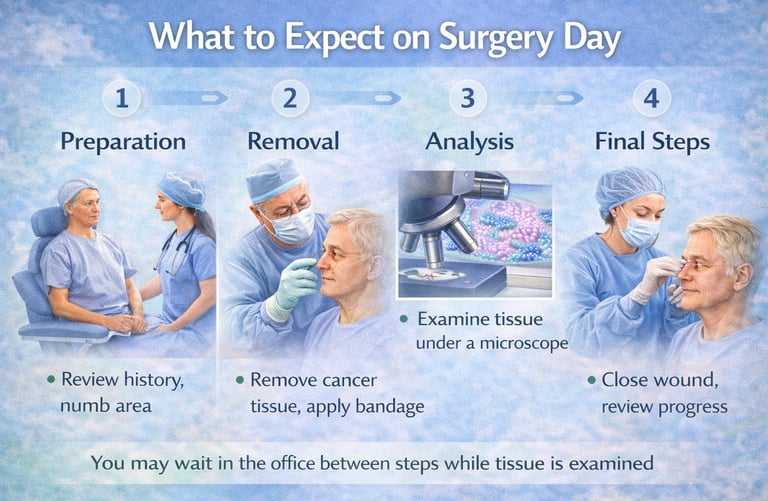 Step-by-step illustration showing what to expect on Mohs surgery day
