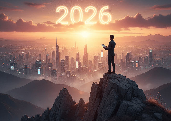 A person standing on a mountain peak at sunrise, looking over a modern skyline. The year "2026" subt
