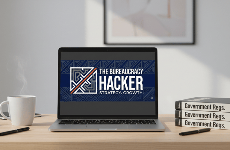 laptop on a desk with the bureaucracy hacker logo