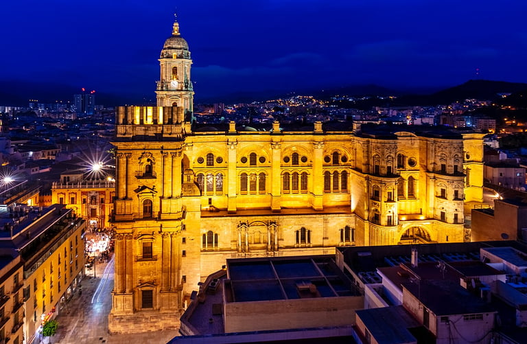 Catedral De La Encarnacion at night from above - Malaga