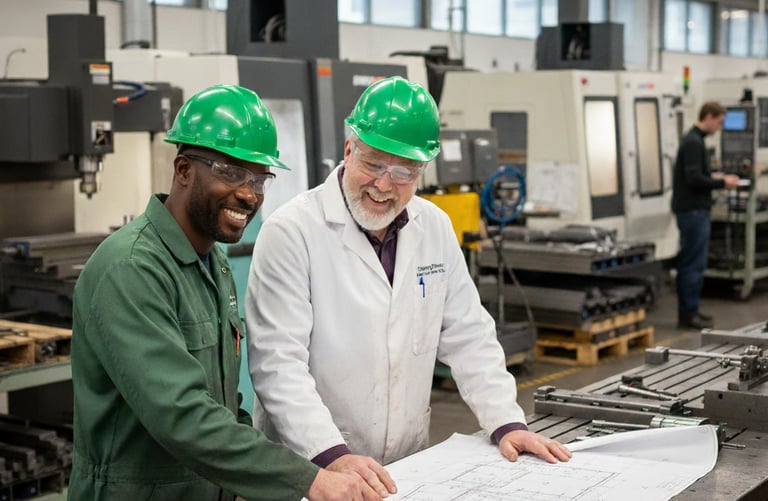 two men in hard hats and hard hats are standing in a factory