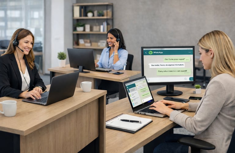 Profissionais de atendimento ao cliente prestando suporte por telefone e WhatsApp