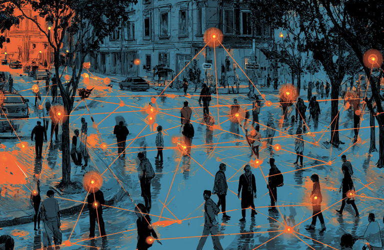 a group of people walking around a city street