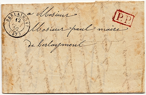 1852: Barfrankierter Frankobrief (P.P) von und nach BERLAIMONT.