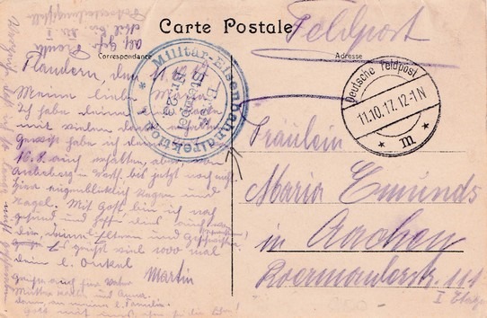 Card processed by the Verteilungsstelle of MED 1 on 11 October 1917. 