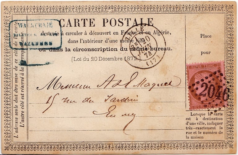 LILLE, 20. Juni 1874. Die Briefmarke wurde mit dem Rautenstempel „Gros Chiffres 2046“ entwertet.