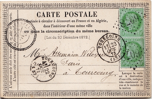 1873: De LINSELLES pour TOURCOING.  Carte affranchie à 10 c