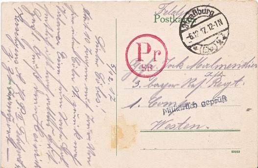 6 décembre 1917, carte postée à STRASBOURG.