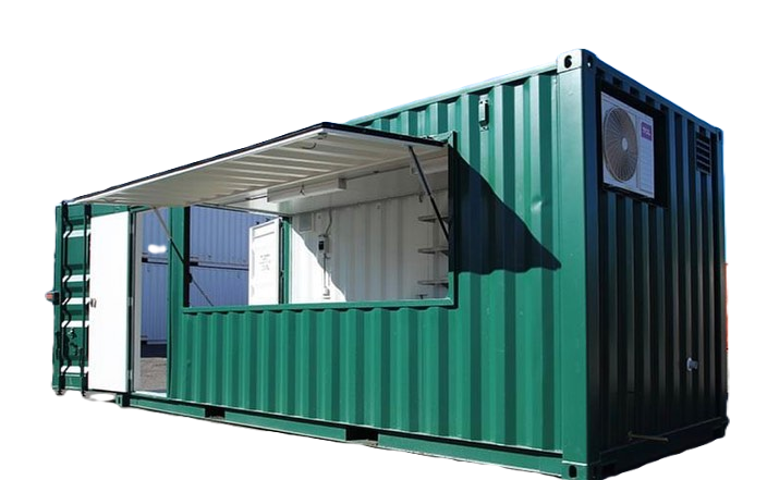 Green shipping container kiosk conversion with serving hatch and air conditioning unit for outdoor retail.