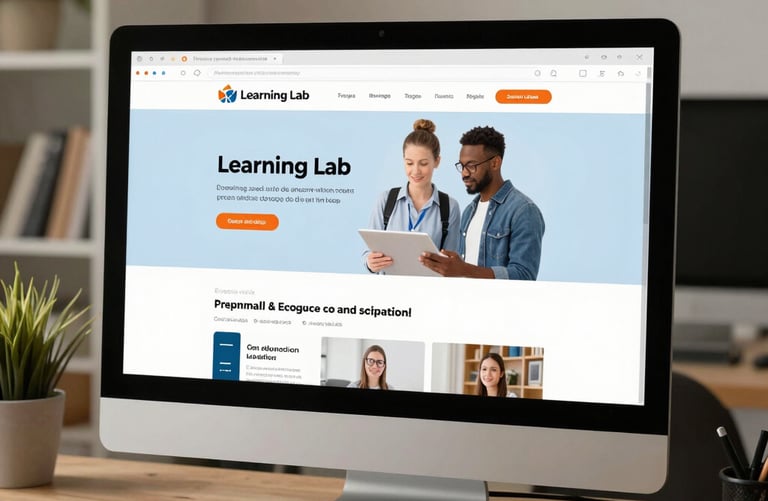 A desktop computer monitor displaying a modern educational website design for Learning Lab on a wooden desk.