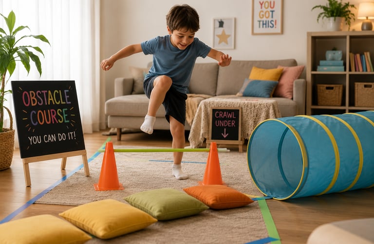 A child running through an indoor obstacle course. 