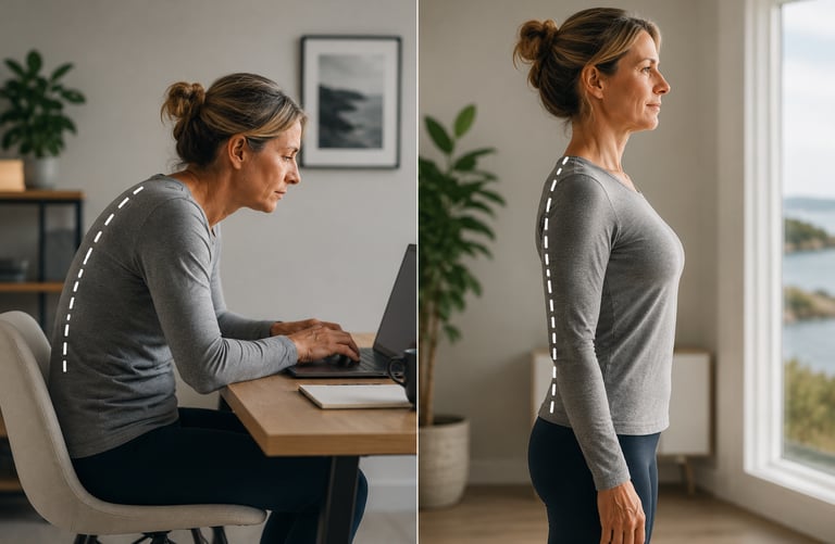 Avant-après : posture améliorée et posture courbée