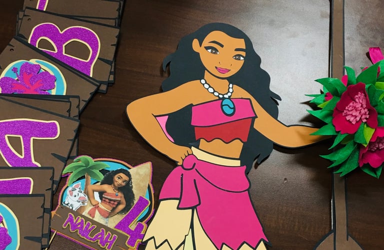 moana birthday party decor, cake topper, birthday banner, standee, props, head dress