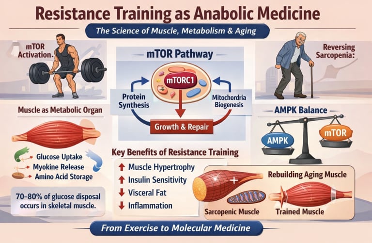 Resistance training acts as anabolic medicine—activating mTOR, building muscle, reversing sarcopenia