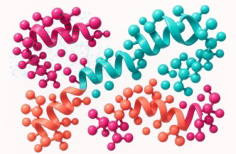 Colorful 3D molecular model representing healing peptides on a white background.