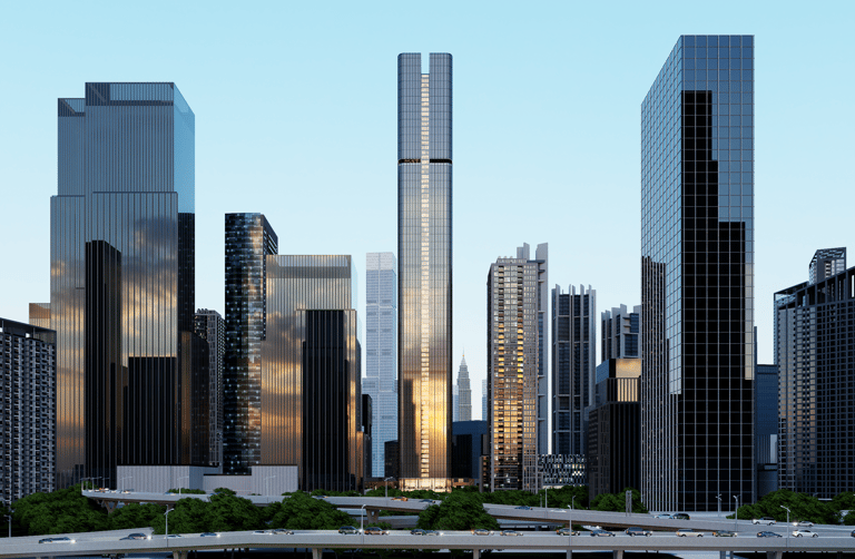 a city skyline with skyscrapers and a bridge