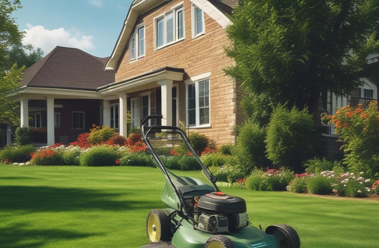 A showroom displaying various garden machinery, including several red riding lawn mowers and a variety of power tools. The central focus is a red ride-on mower with an attached cart. The background features a large window with views of buildings outside.