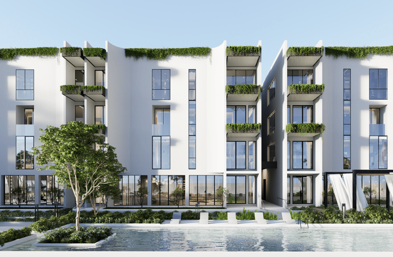 a building with a pool and a greenery