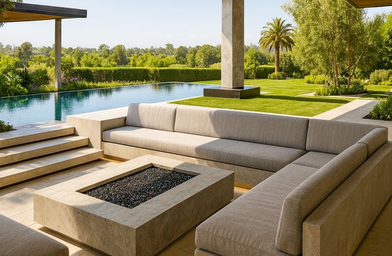 Modern gray sectional by Solo Home Decor with concrete firepit beside a luxury infinity pool and lush green backyard.