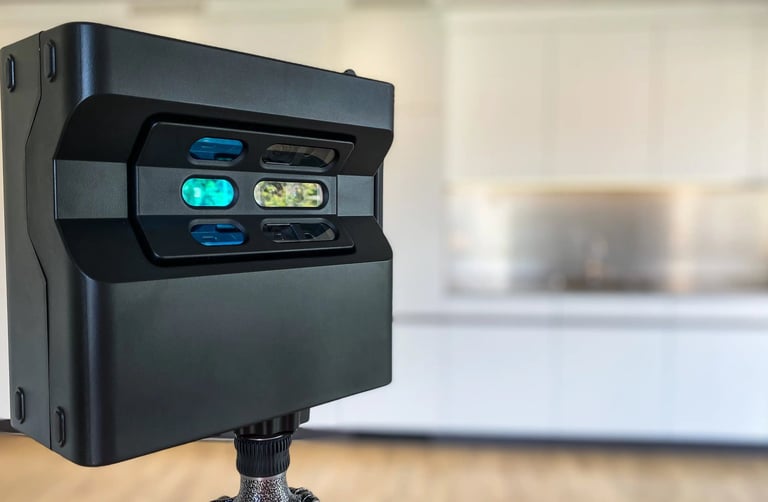 Close-up of Matterport 3D camera used for real estate walkthroughs and virtual tours
