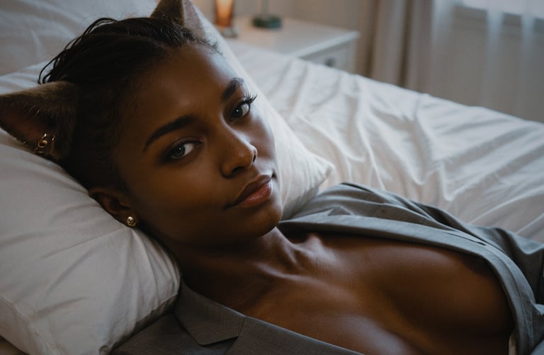 a woman with cat ears lying on a bed
