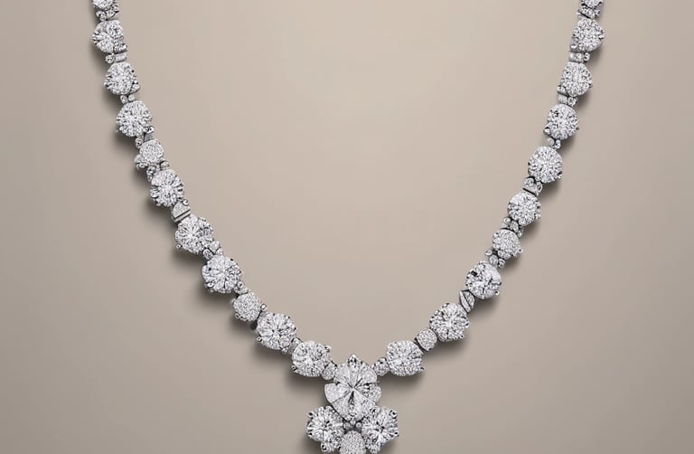 An elegant gold necklace with a delicate diamond pendant, artfully displayed on a minimalist white marble surface.