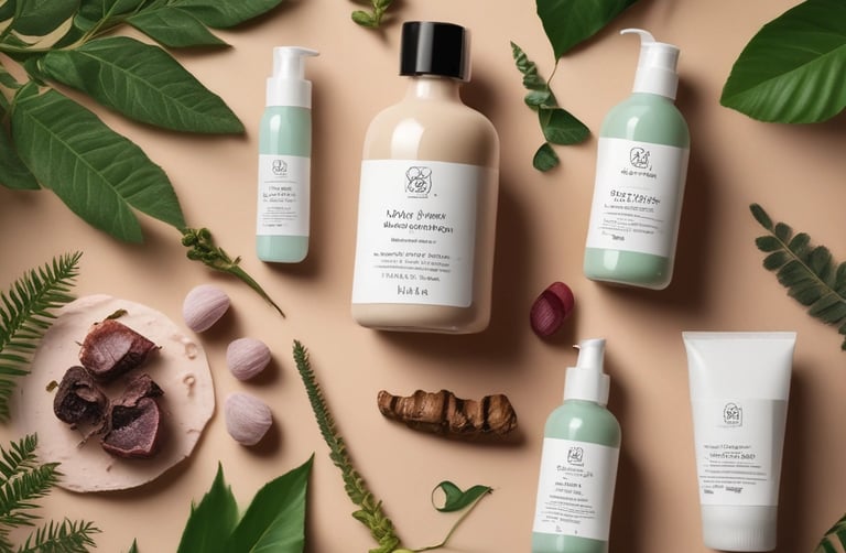 Elegant skincare bottles with fresh green leaves in soft natural light.