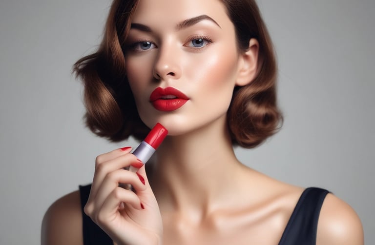 Close-up of vibrant lipsticks arranged artistically on a marble surface.