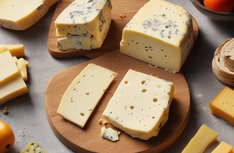 Cheese wheels stacked in a cozy cellar with warm lighting.