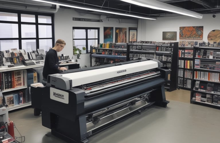 Close-up of vibrant vinyl prints displayed on a workshop table.