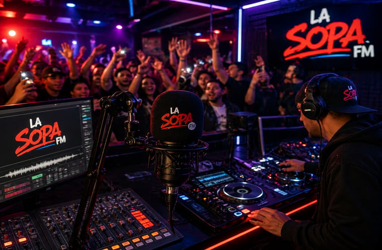 DJ en estudio de radio urbana con micrófono profesional y público en vivo en La Sopa FM