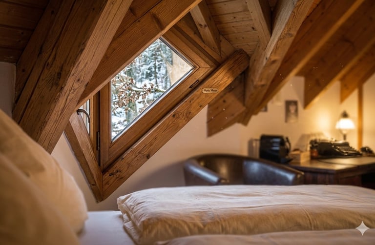 Gemütliches Dachzimmer mit Holzgebälk & Winterblick aus dem Fenster. Interiorfotografie Metta Macro