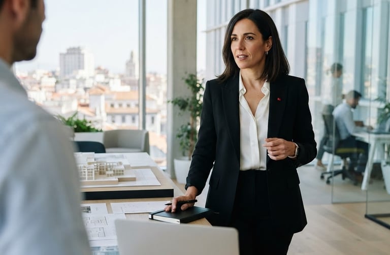 Minimalist corporate photography, bright natural daylight, a professional candidate in a clean architectural workspace in Madrid, sharp focus, 35mm