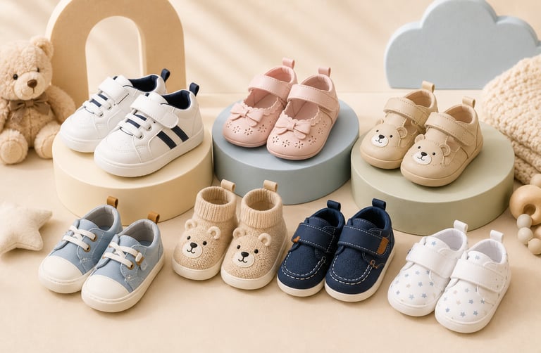 Collection of stylish baby shoes, including sneakers, loafers, and boots for infants and toddlers.