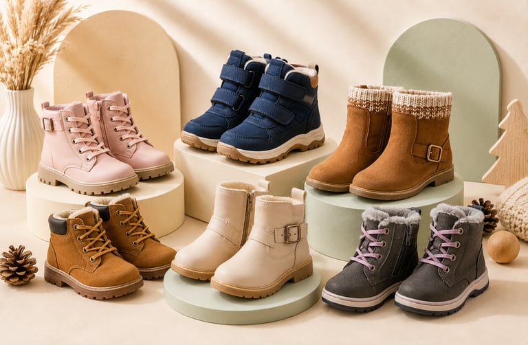 A collection of stylish winter boots for kids in various colors like pink, navy, and tan.