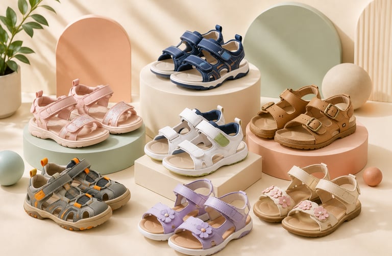 Collection of colorful kids' sandals and summer shoes displayed on decorative pastel pedestals.