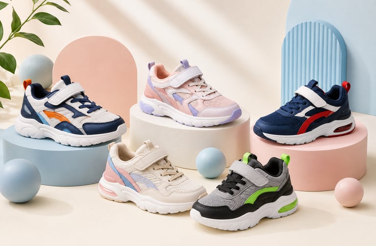 Collection of colorful kids athletic sneakers displayed on stylish pastel geometric pedestals.