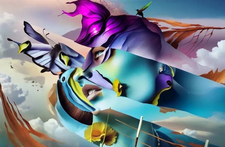 Surreal digital art featuring a woman's face blended with butterflies and purple flowers.