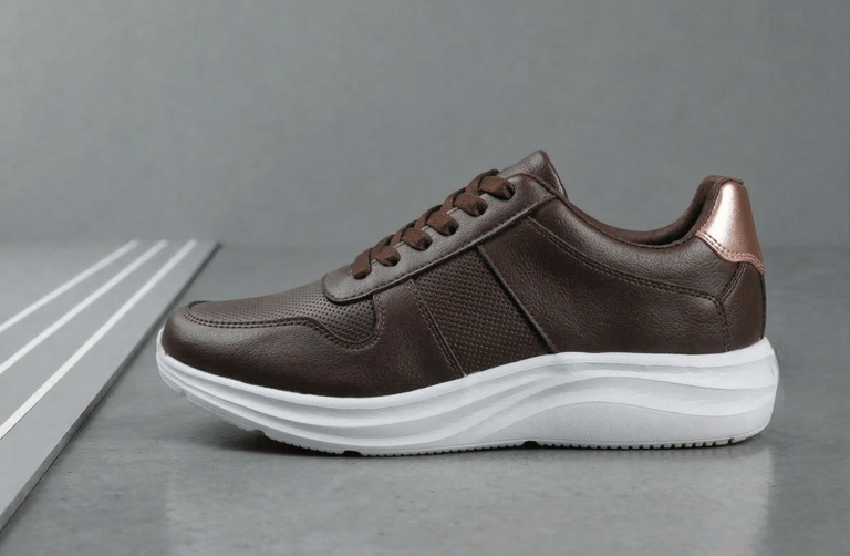 Zapato deportivo marrón oscuro con textura granulada y suela deportiva blanca