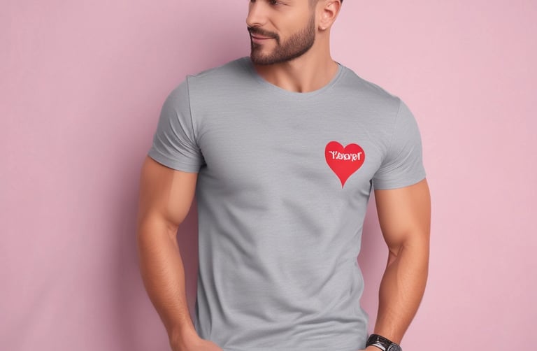 A stylish man wearing a cozy red sweater, holding a small gift box wrapped with a heart-patterned ribbon.