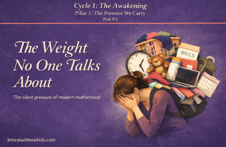 Illustration of a stressed mother carrying a heavy load of household chores and mental load responsibilities.