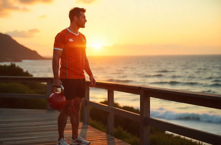 a man in wearing a springbok jersey holding a kettlebell while standing on a wooden deck