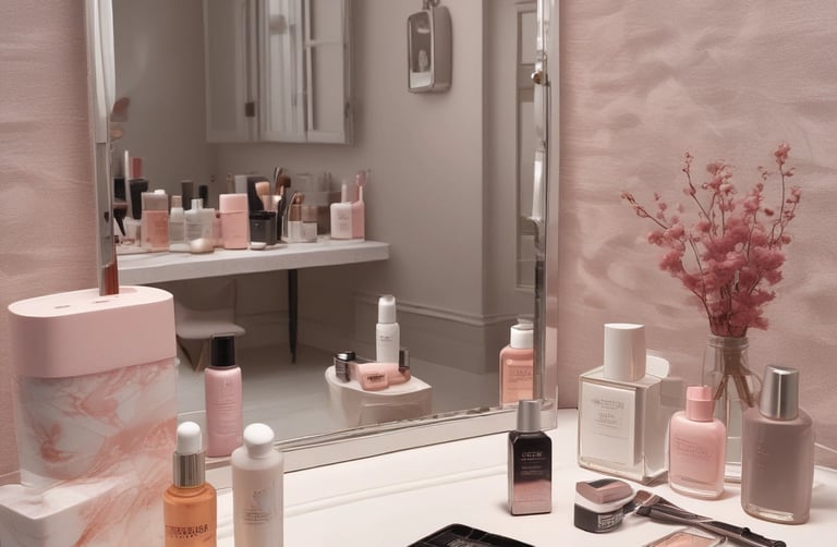 A barbershop or salon setting with black leather chairs and mirrors. The interior features a modern design with sleek lines and minimalist décor, including glass shelves and dark wooden cabinets. The room appears tidy and well-organized, creating a professional and upscale atmosphere.