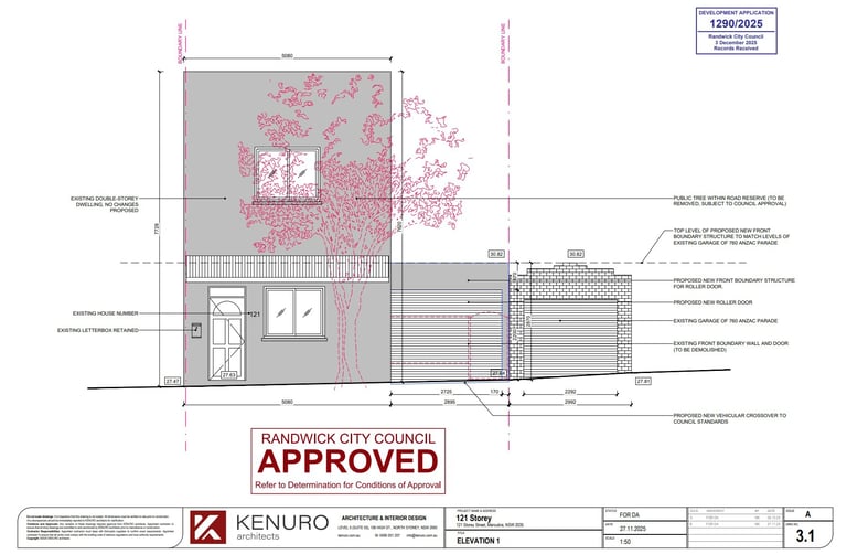 Front elevation approved by Randwick Council showing new driveway access, roller door and streetscape interface in Maroubra