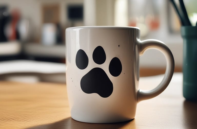 A warm kitchen corner showcasing a mug decorated with a heartwarming dog design, steam rising gently.