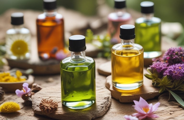 An elegant bottle of botanical oil surrounded by fresh herbs and flowers.