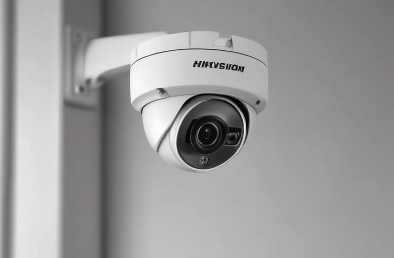 A cylindrical security camera with the brand name visible on its side, positioned on a white surface. The camera lens and sensor are prominent, and it is attached to a mounting bracket.