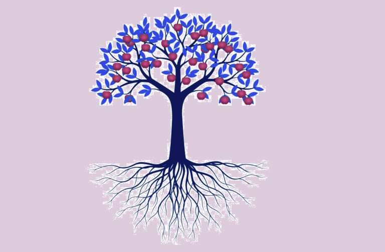 Stylized graphic of an apple tree with blue leaves and red fruit showing a deep root system.