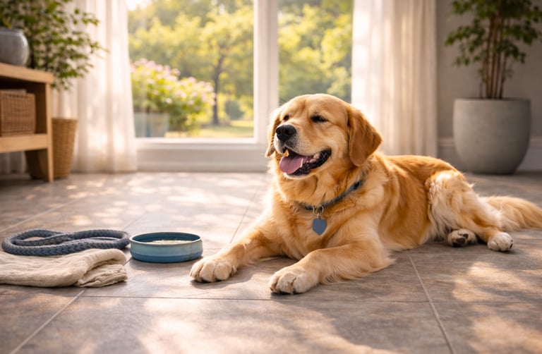 Dog resting indoors to stay cool in summer.